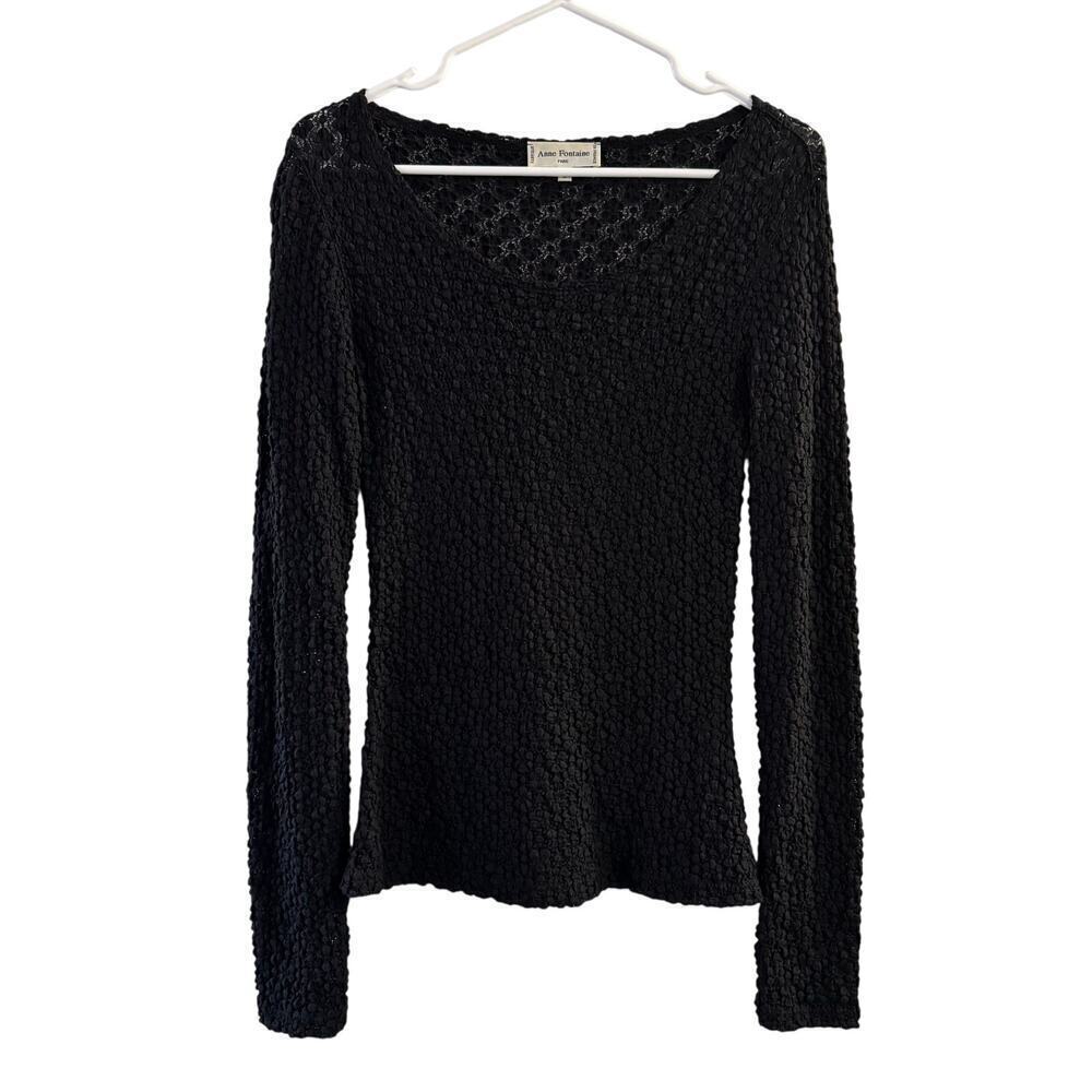 Anne Fontaine Sheer Textured Black Long Sleeve Cotton Knit Top Sz 2 France Made